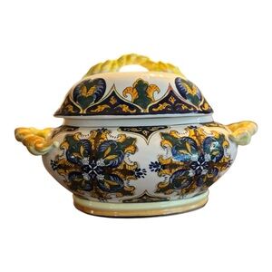 I. Godinger Soup Turine Cobalt Blue Yellow Green Large Majolica Tuscany Pottery